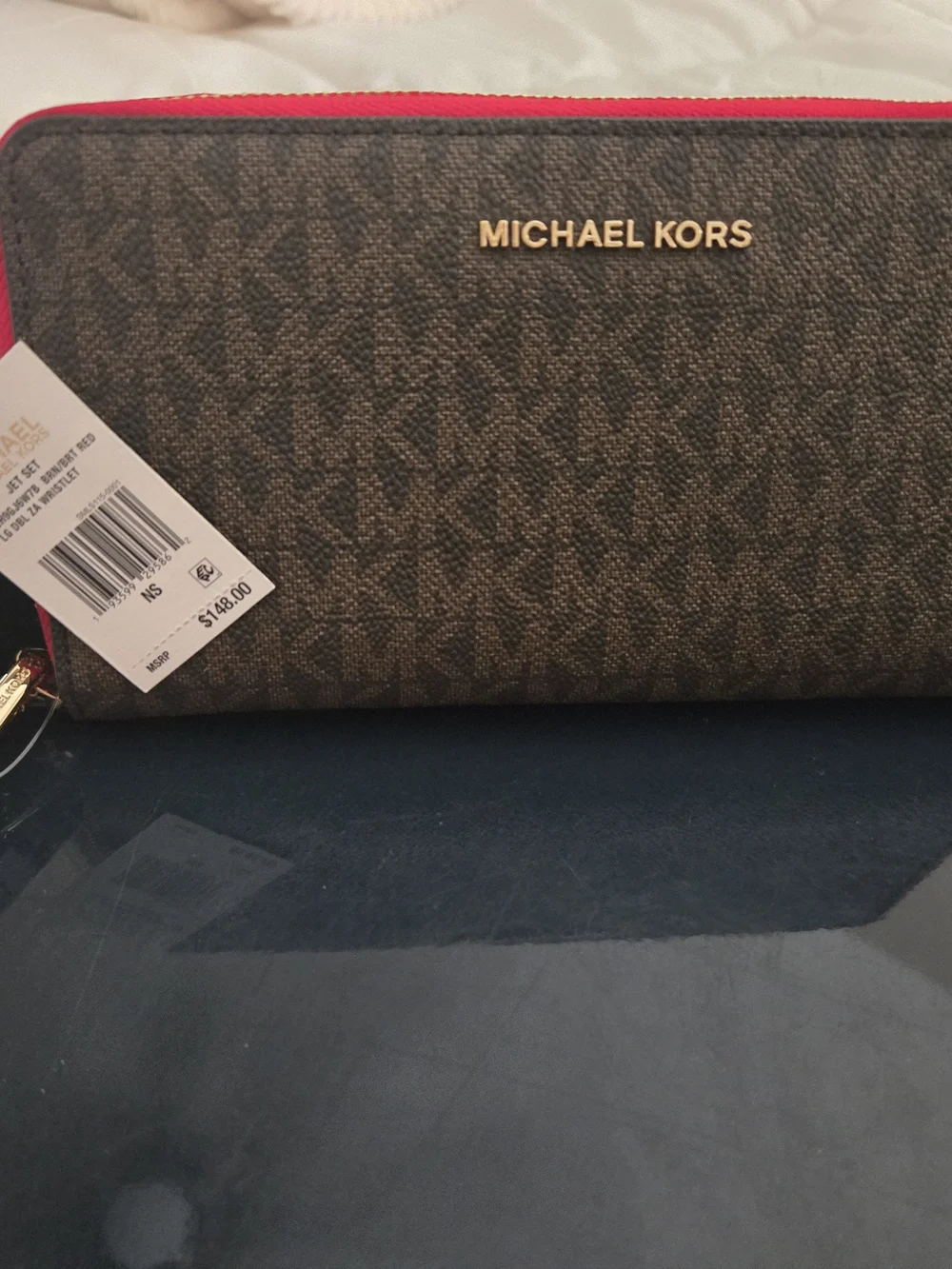 Michael Kors Women's Brown Logo Zip Wallet with Red Trim